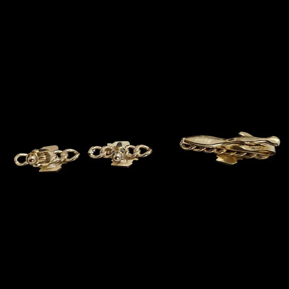 Krementz Gold Tone Engine Turned Cufflinks & Tie Clip Set Vintage Jewelry